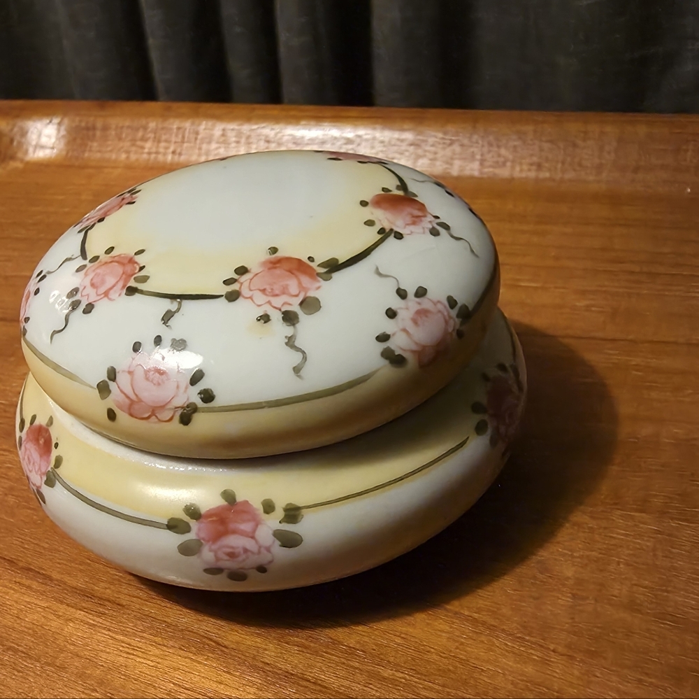 Vintage Art Pottery Vanity Dresser Porcelain Powder Bowl Pink Rose.